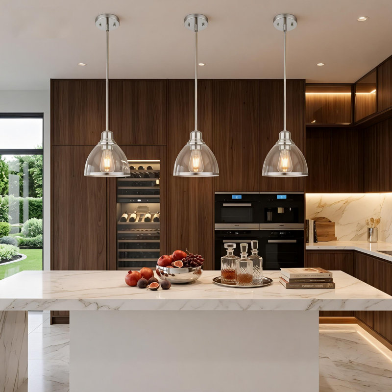Suspension de 8 pouces à 1 lumière, fini nickel brossé mat, abat-jour en verre transparent, petit luminaire de style campagnard pour îlot de cuisine, culot E26