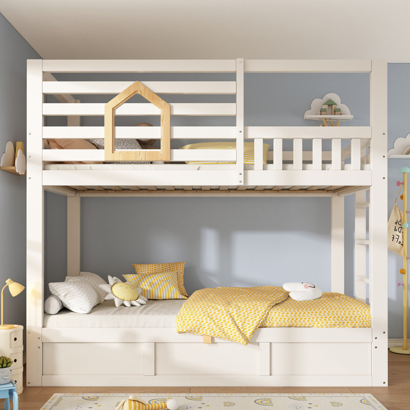 Cabin Wooden Kids Bunk Bed with Storage, White Children bed, (90+90) x 190