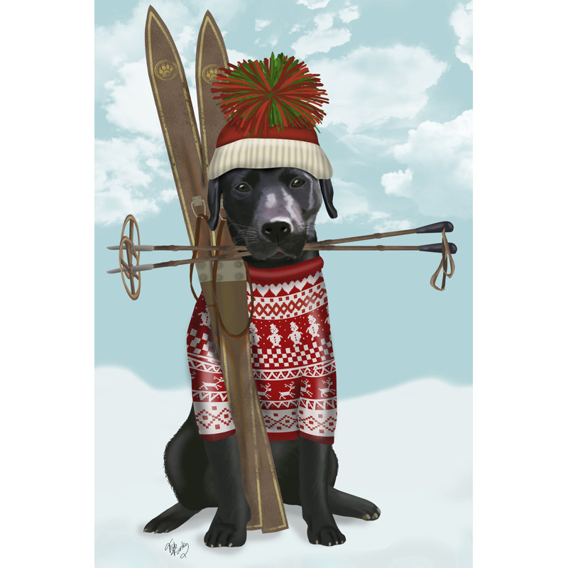 Black Labrador, Skiing by Fab Funky - Wrapped Canvas Print, 76cm H x 51cm W