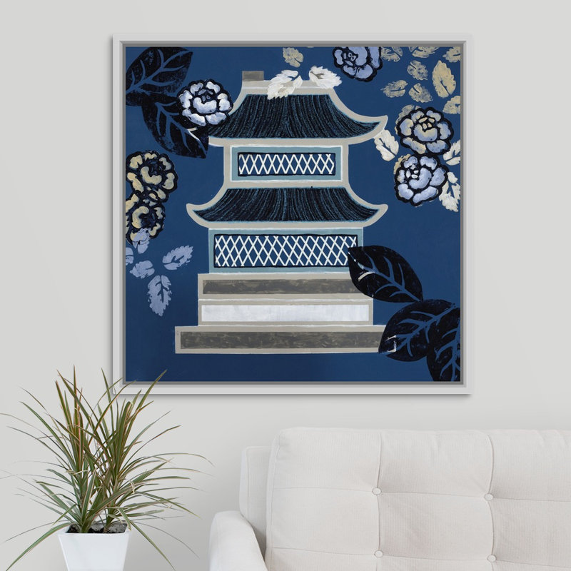 « pagode ii », peinture sur toile, H 31,7 po x l 31,7 po x p 1,75 po, Cadre flottant blanc