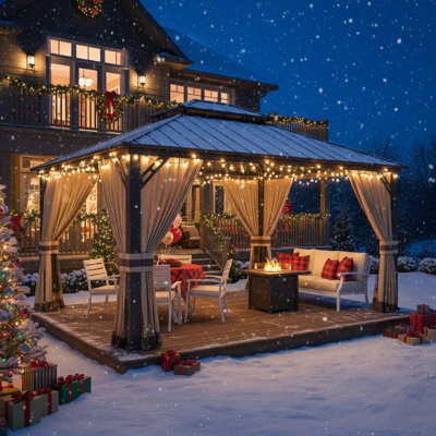 Pavillon de jardin extérieur 12 pi x 14 pi avec double rideaux, moustiquaire à toit ventilé et structure en fer robuste pour patio ou jardin