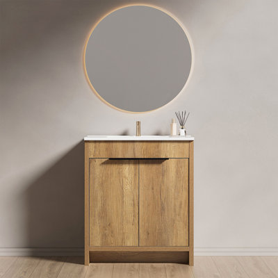 Meuble-lavabo sur pied de 30 po avec panneau rainuré 3D et lavabo en céramique intégré