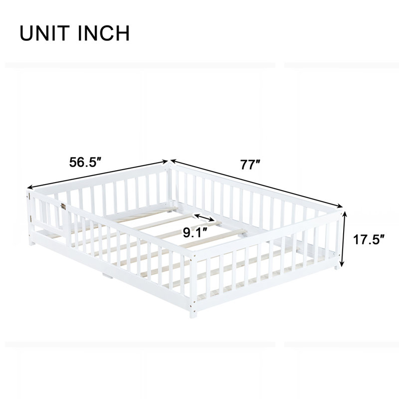 Rubber Wood Floor Bed with Safety Guardrails, White