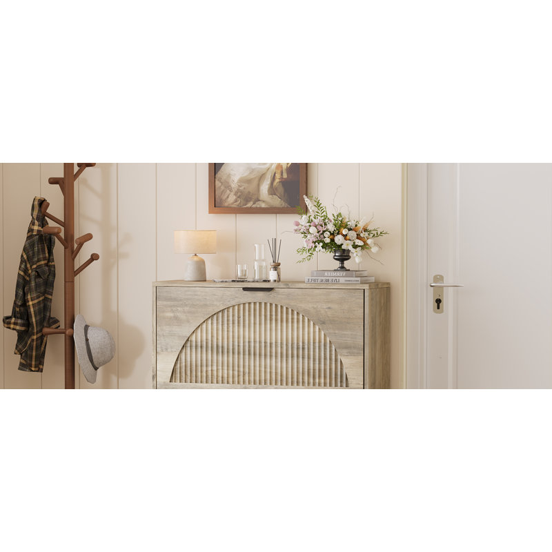 16 Pairs Curved Shoe Cabinet with 2 Flip Drawers, Narrow MDF Storage with Arched Front, Freestanding for Entryway Hallway