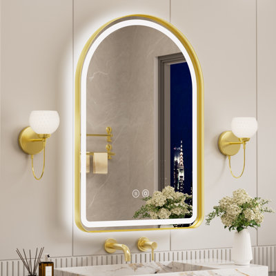 Miroir de salle de bain arqué à DEL avec éclairage avant et arrière, miroir de coiffeuse lumineux avec cadre, fonction antibuée, intensité lumineuse réglable et fonction mémoire.