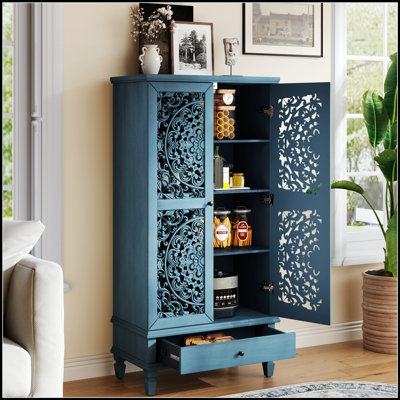 Armoire de rangement rustique de 55 po de hauteur avec tiroir et 2 portes décoratives en bois sculpté pour le salon et la salle à manger