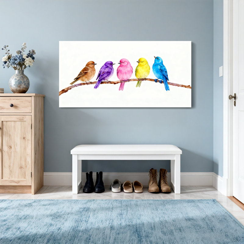 Animaux, oiseaux colorés sur une branche, reproduction d'art, H 16 po x l 32 po