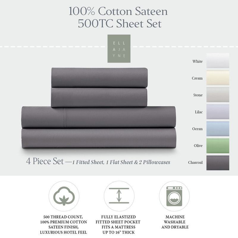  Ensemble de draps 500 fils en satin de coton 500 fils (4 pièces), Très grand lit, Gris anthracite
