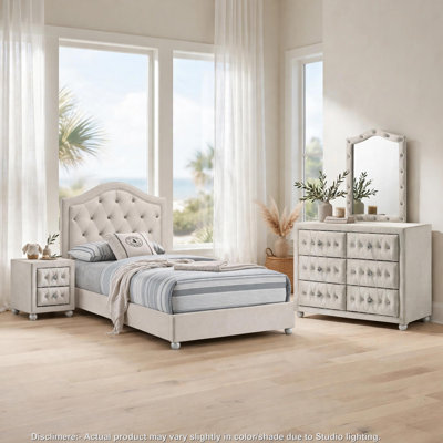 Ensemble de chambre complet, meuble de rangement rembourré, beige, 3 pièces avec commode