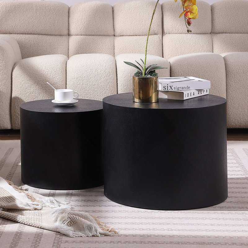 Ensemble de 2 tables d'appoint avec frêne, chêne, placage en noyer, table basse, table de bout, Noir mat