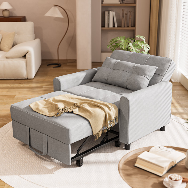 Zhenya 3-In-1 Convertible Accent Chair, Pull-Out Upholstered Sleeper Sofa Bed With Accent Pillow (Set of 2), Gray