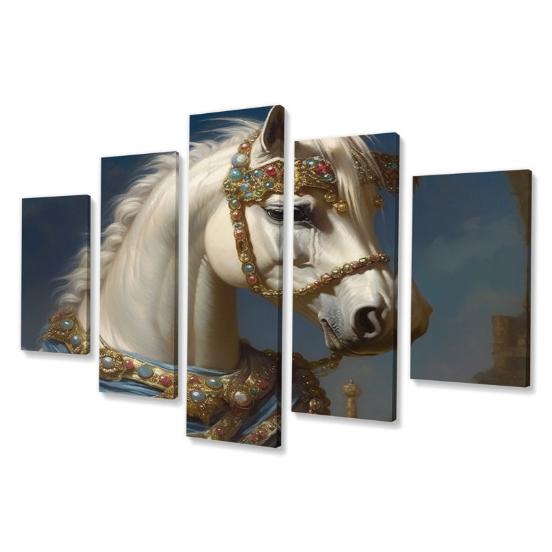 Portrait de majestueux cheval blanc - Art animalier sur toile, 5 panneaux