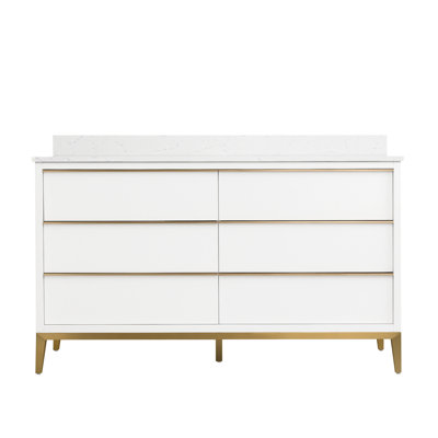 Meuble-lavabo en bois massif H 35 po x l 60 po avec comptoir en quartz blanc résistant aux taches et double lavabo