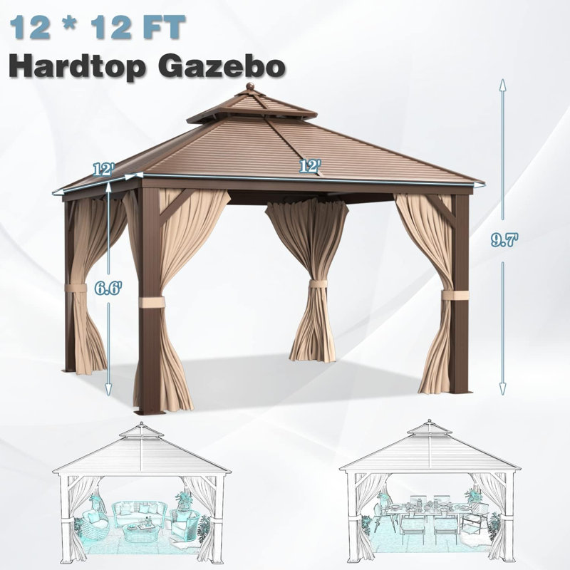 12 Ft. W X 12 Ft. D Hardtop Gazebo With Galvanized Steel Double Roof, Netting And Curtains Included