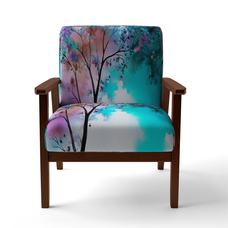 Geidel - Abstract Flowers - Upholstered Traditional Accent Arm Chair, Blue/Purple Polyester, Brown Square Arms