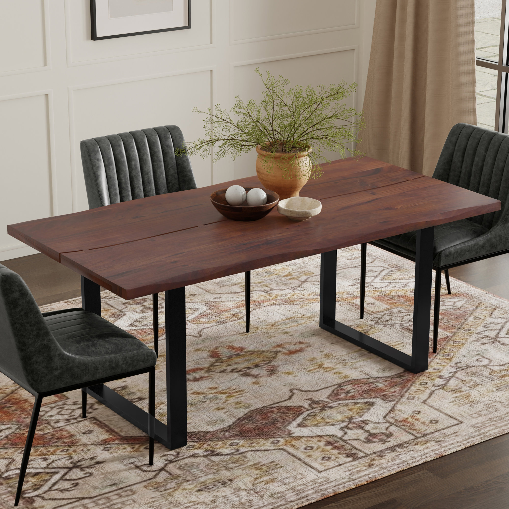 Hemma 72"W Solid Acacia Dining Table, Modern Industrial Style with Live Edge, Seats 6, Dark Walnut