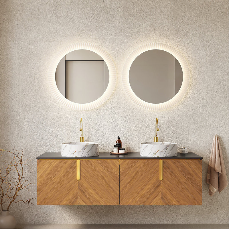 Meuble-lavabo 60 po, meuble-lavabo mural en contreplaqué avec 4 portes, 2 lavabos ronds blancs en céramique avec motif en pierre et comptoir en pierre frittée noire, couleur grain de bois chêne brun