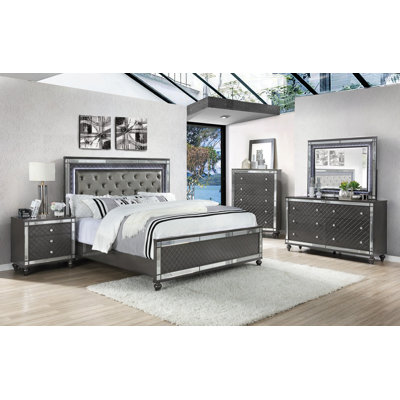 Hatty Gray LED Upholstered Panel Bedroom Set Special Queen 6 Piece: Bed, Dresser, Mirror, 2 Nightstands, Chest -  Rosdorf Park, 4753A038300C447197175C824C13C016