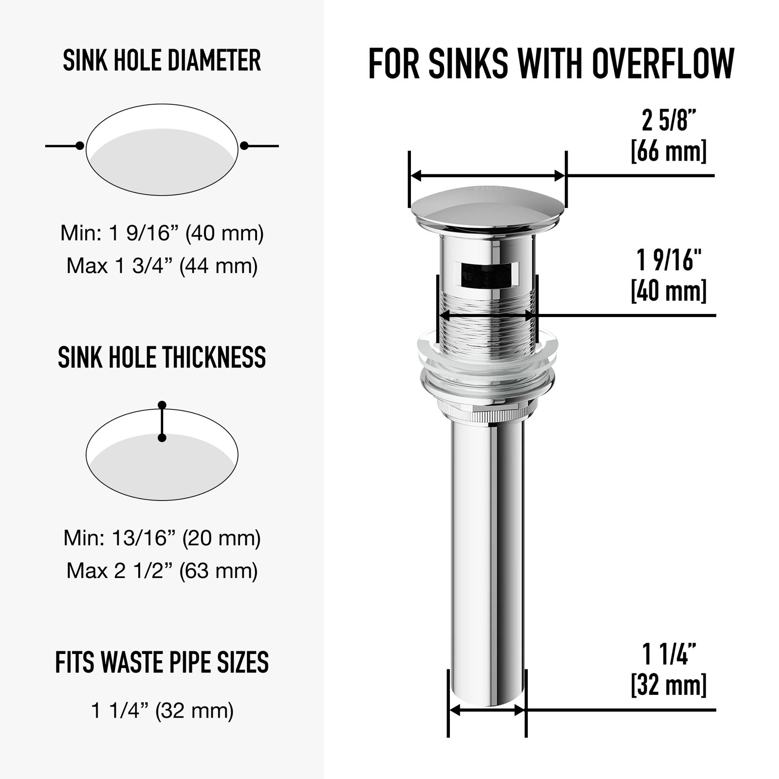 Pop-Up Bathroom Sink Drain with Overflow, Chrome