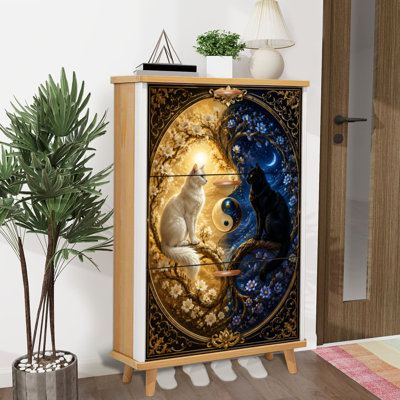Shoe Storage Cabinet with 3 Flip Drawers for Yin Yang Cats Floral Cosmic Shoe Rack Storage Organizer
