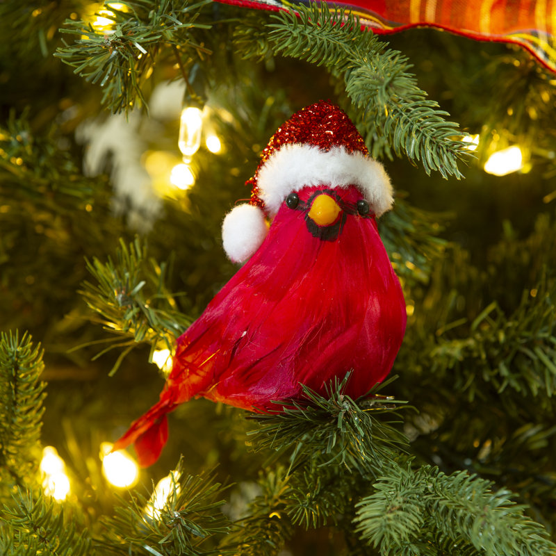 Ornement en forme de carte de vœux Cardinal avec chapeau de père Noël