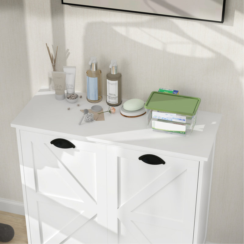 White Laundry Sorter Cabinet With Two Compartments. Contemporary Style. Removable Bags For Organization. E1 Made Painting. Stable And Safe. Surface. . Assembly Guide Included. 100-Pound Load - White.