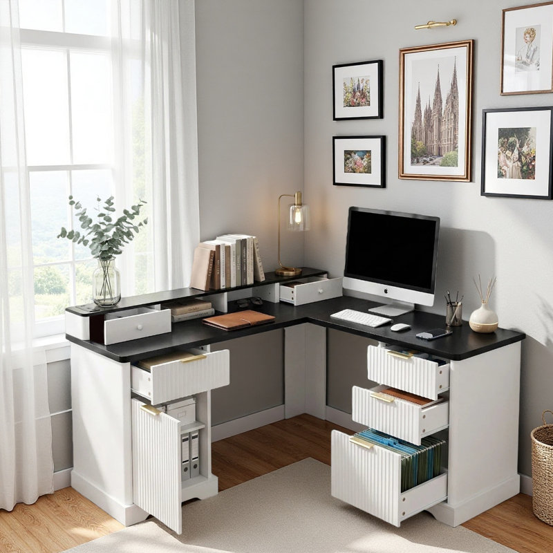 Bureau en L 59 po avec station de charge, bureau en L Executive avec tiroirs, armoire de rangement et support pour écran, bureau en coin