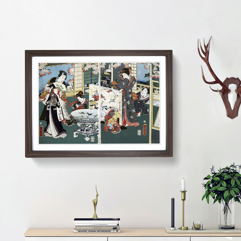 Scene in a Villa by Toyohara Kunichika - Picture Frame Painting Print, 36cm H x 48cm W x 2cm D, Walnut Framed