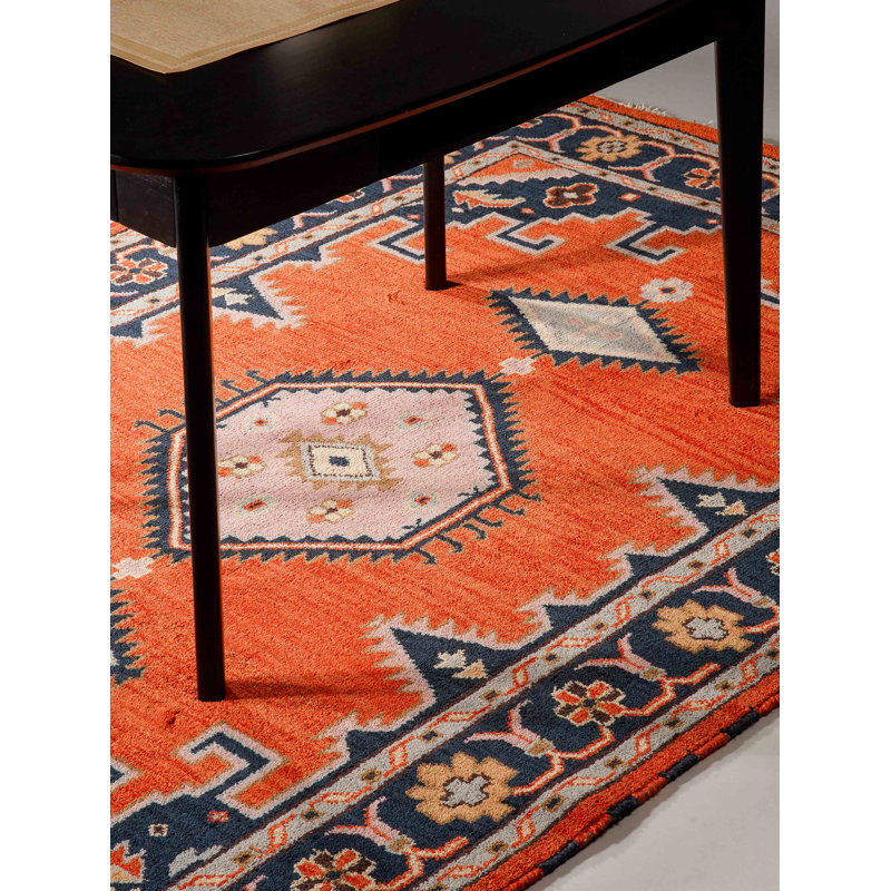 Tapis d'intérieur rectangulaire oriental noué à la main, en soie et laine, orange foncé et marine, Rectangle 6 pi x 9 pi