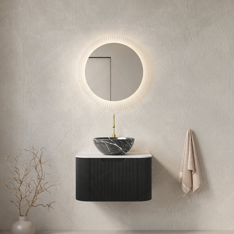 Meuble-lavabo mural flottant avec lavabo et tiroir à bord arrondi, Noir