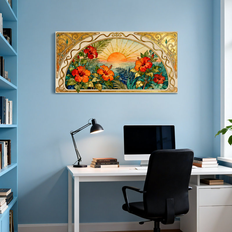 Cadre artistique tendance avec fleurs tropicales, H 24 po x l 48 po