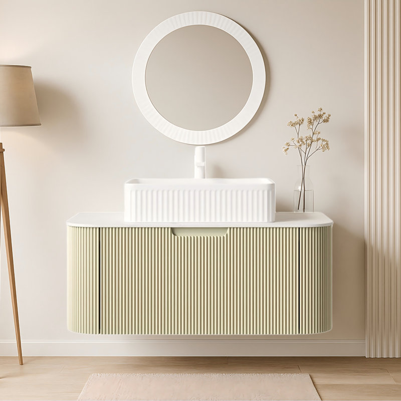 Meuble-lavabo mural 36 po avec lavabo rectangulaire en céramique, façade de tiroir rayé 3D et rangement à fermeture en douceur - Pré-assemblé