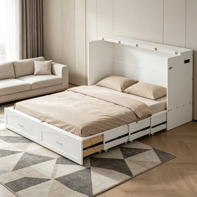 White Queen Size Murphy Wall Bed With Drawer, Sockets & USB Ports - Pulley Structure For Easy Use