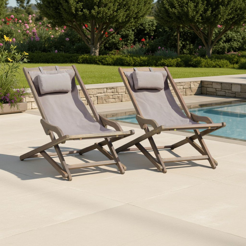 Mikki Portable Sling Chair Set Of 2 With Pillows, Polyester, Wood, Taupe, Gray