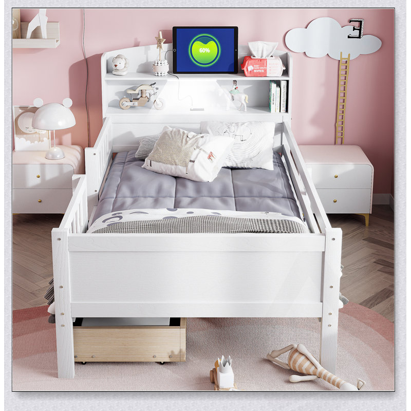 Lit plateforme simple en bois avec éclairage à DEL intégré, tête de lit multifonctionnelle et tiroirs de rangement pour les chambres modernes