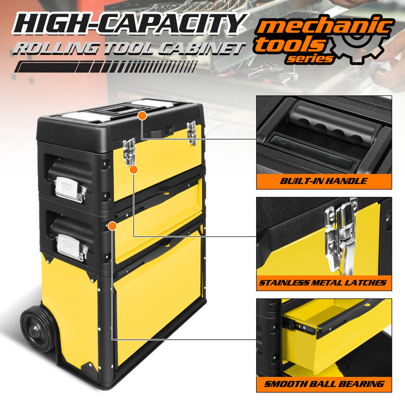 3-In-1 Stackable Tool Box With Wheels, Rolling Hand Case Tool Box Trolley Chest Cabinet With Drawer, Yellow