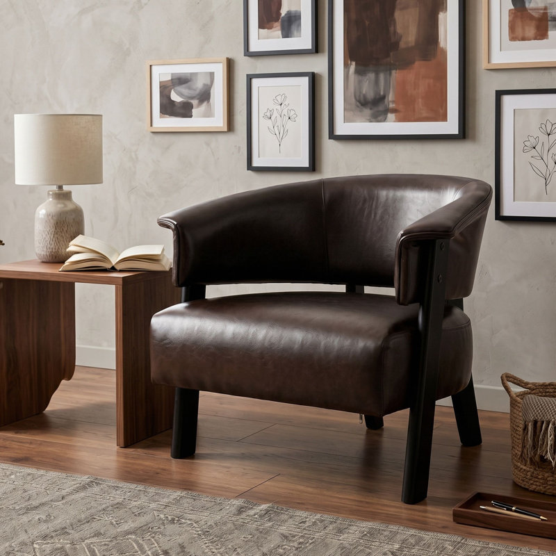 Fauteuil d'appoint capitonné à oreilles avec accoudoirs enveloppants et lattes robustes, Brown