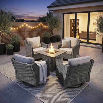 Luxury 5-Piece Patio Conversation Set with Square Propane Fire Pit Table and 4 Swivel Rocker Chairs, All-Weather PE Rattan Wicker Deep Seating Outdoor Furniture Set with Thick Cushions for Backyard, Deck