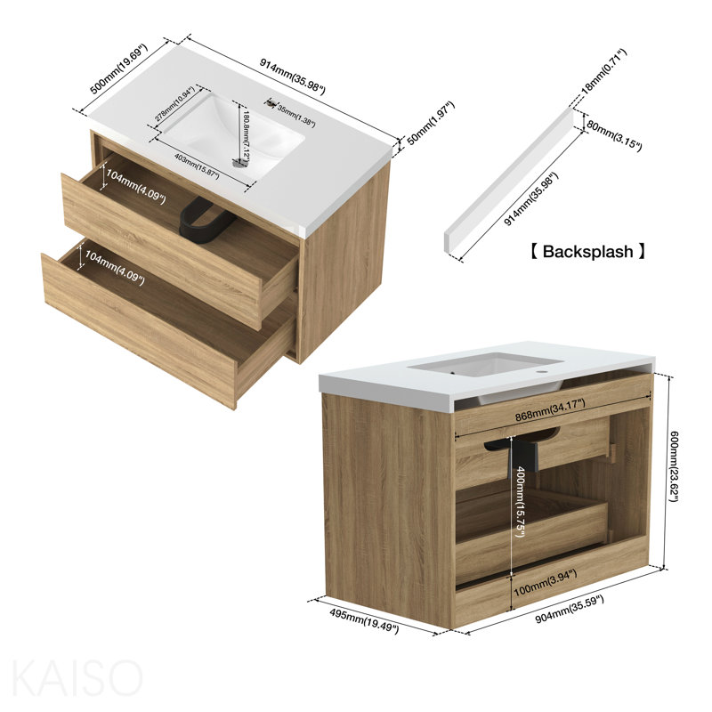 Meuble-lavabo de 35,98 po de largeur, armoire murale avec lavabo pour salle de bain, H 25,59 po x l 35,98 po x P 19,69 po