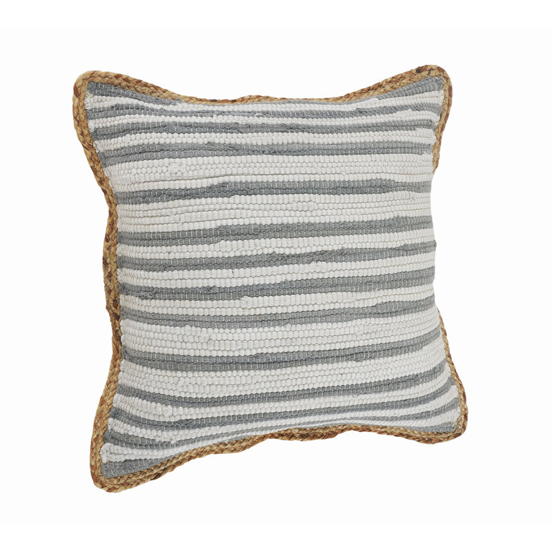 Gray and White Striped Cotton Jute Square Throw Pillow
