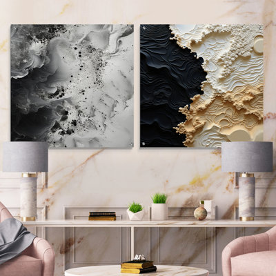 Abstract Cream And Black Liquid Paint - Coastal Acrylic Wall Art Glass Set Of 2