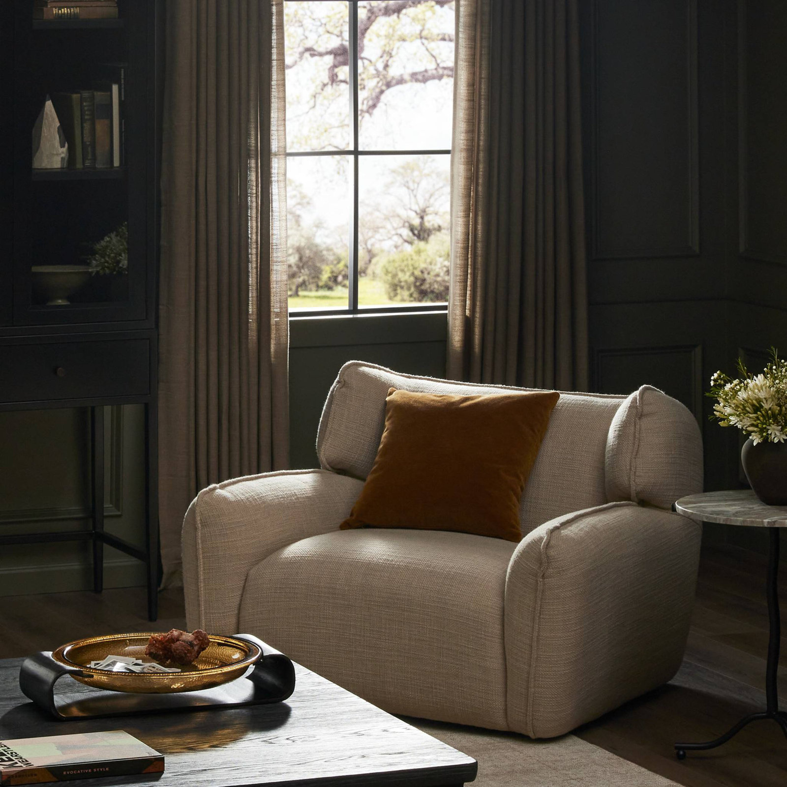 Savina Upholstered Swivel Club Chair, Sand Performance Basketweave