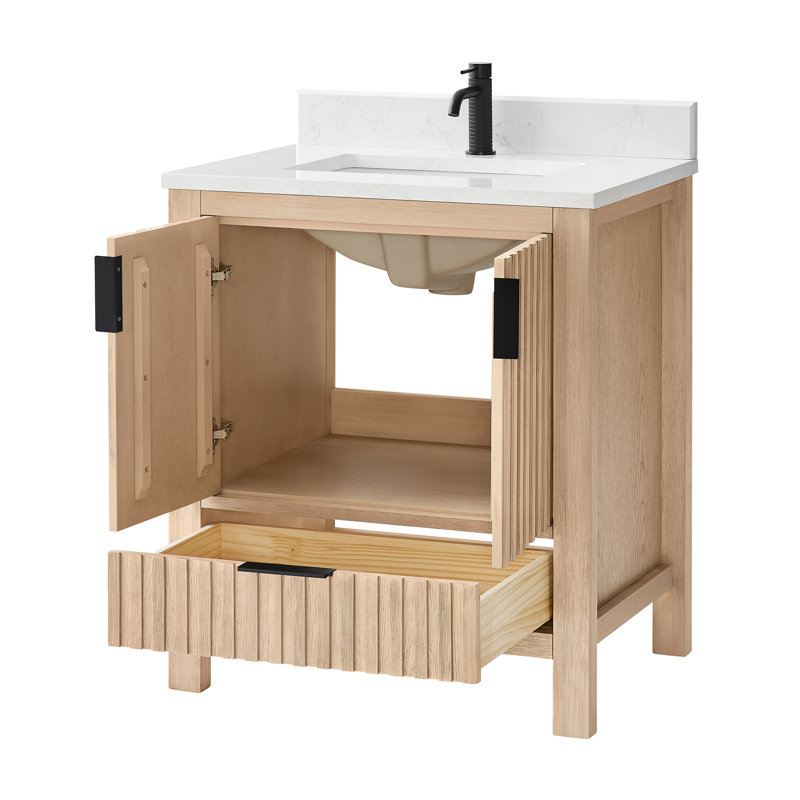 Ensemble de meuble-lavabo à simple cuve 30 po en chêne naturel avec plateau en pierre blanche à grain blanc, 30"