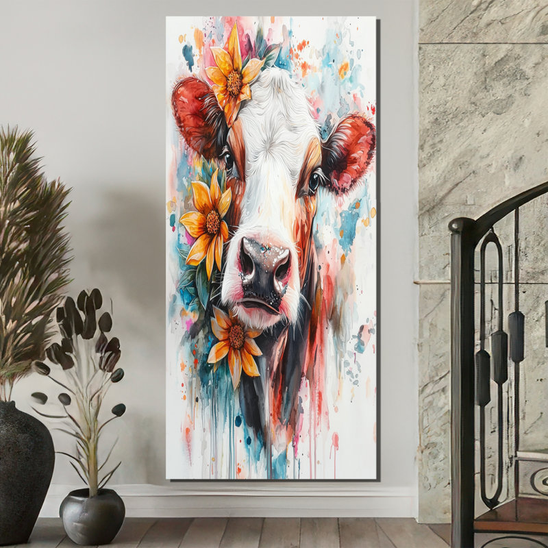 Keily Cow, peinture avec ferme, fleurs II, H 60 po x l 28 po, Toile tendue, Ne s’applique pas