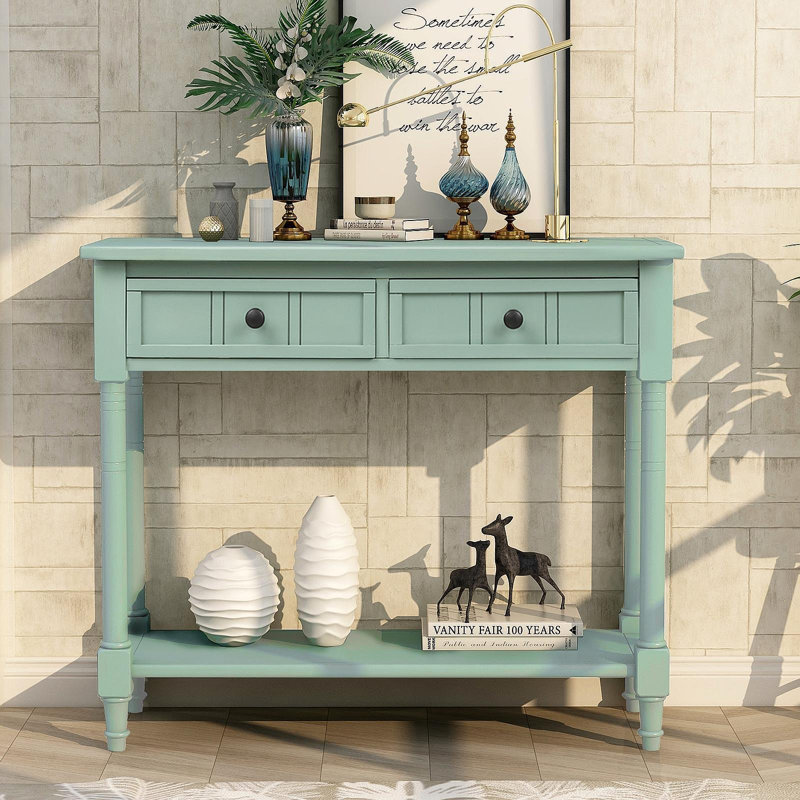 Console Daisy Series à conception traditionnelle avec deux tiroirs et une tablette inférieure Acacia Mangium (bleu rétro)