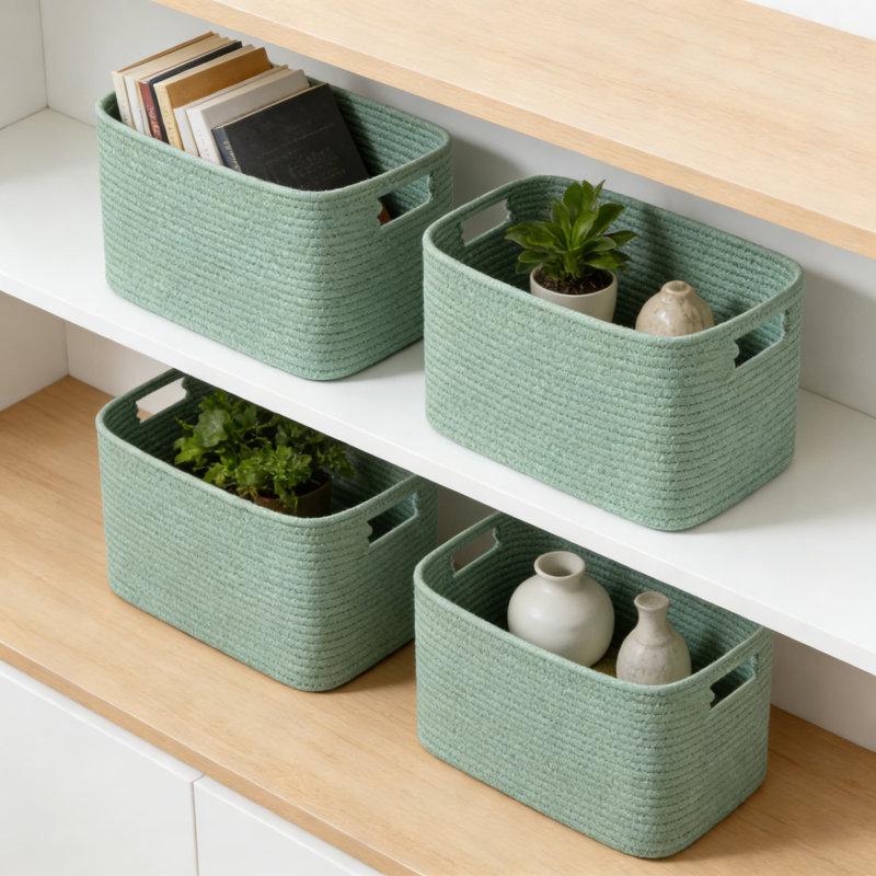 Woven Storage Baskets 4-Pack With Handles, Foldable Fabric Organizer Bins For Shelves, Closet, And Home Organization, Natural Cotton Material