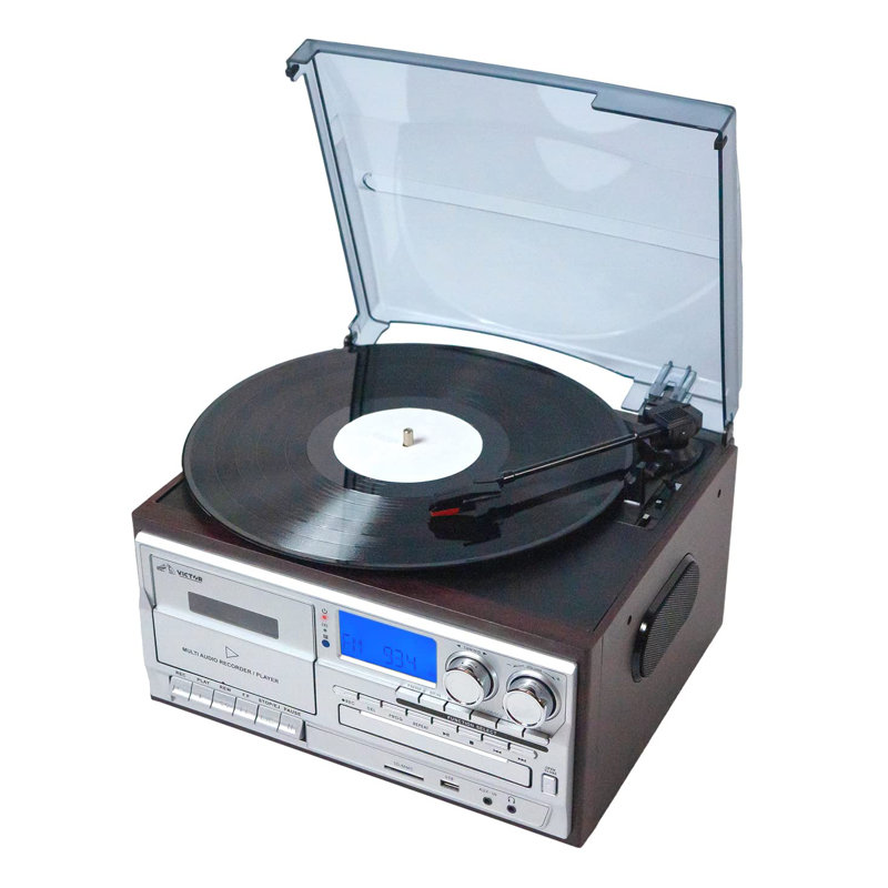 Centre de musique avec tourne-disque à 3 vitesses Victor CDR-4200 Cosmopolitan avec lecteur de disques à 3 vitesses, lecteur CD / MP3 / cassette, radio AM / FM, double entrée et sortie Bluetooth, lecture et enregistrement USB et haut-parleurs stéréo 