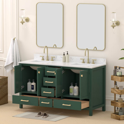 60" Solid Wood Freestanding Double Bathroom Vanity With Engineered Stone Top