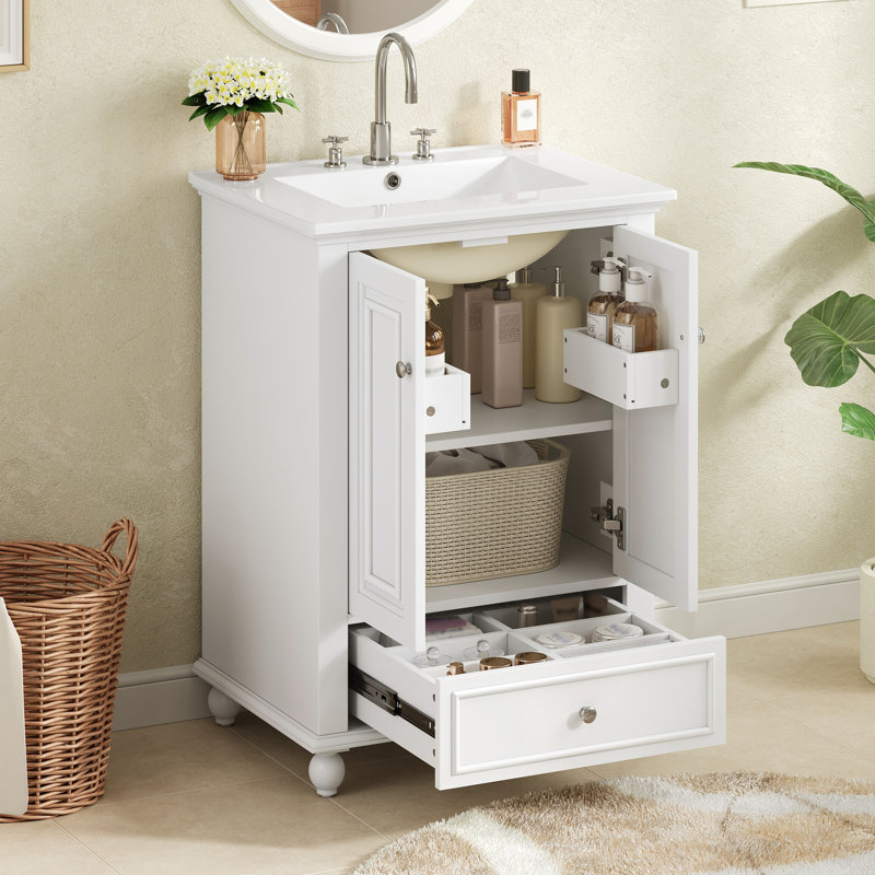 Meuble-lavabo simple 24 po avec lavabo et plateau en céramique, meuble de rangement moderne avec portes à fermeture douce, meuble-lavabo avec tiroir, blanc