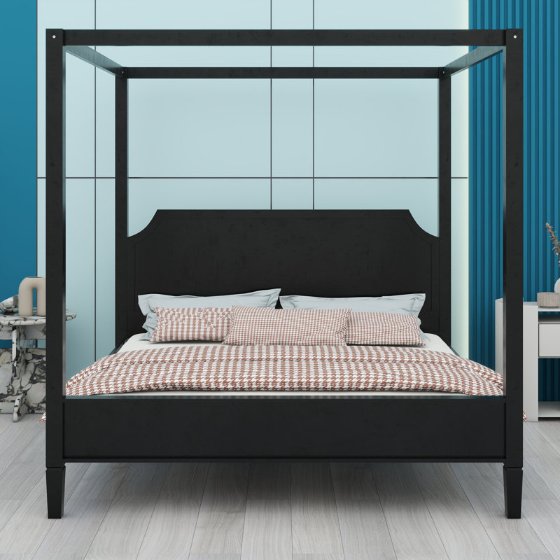 Base de lit à baldaquin en bois avec tête de lit et pieds de soutien renforcés, Black